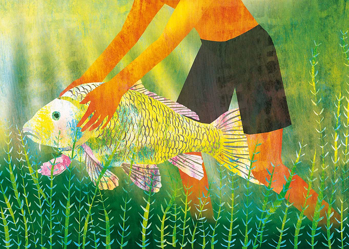 Boy Swimming With Carp