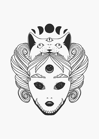 Witch And Cat With Moons