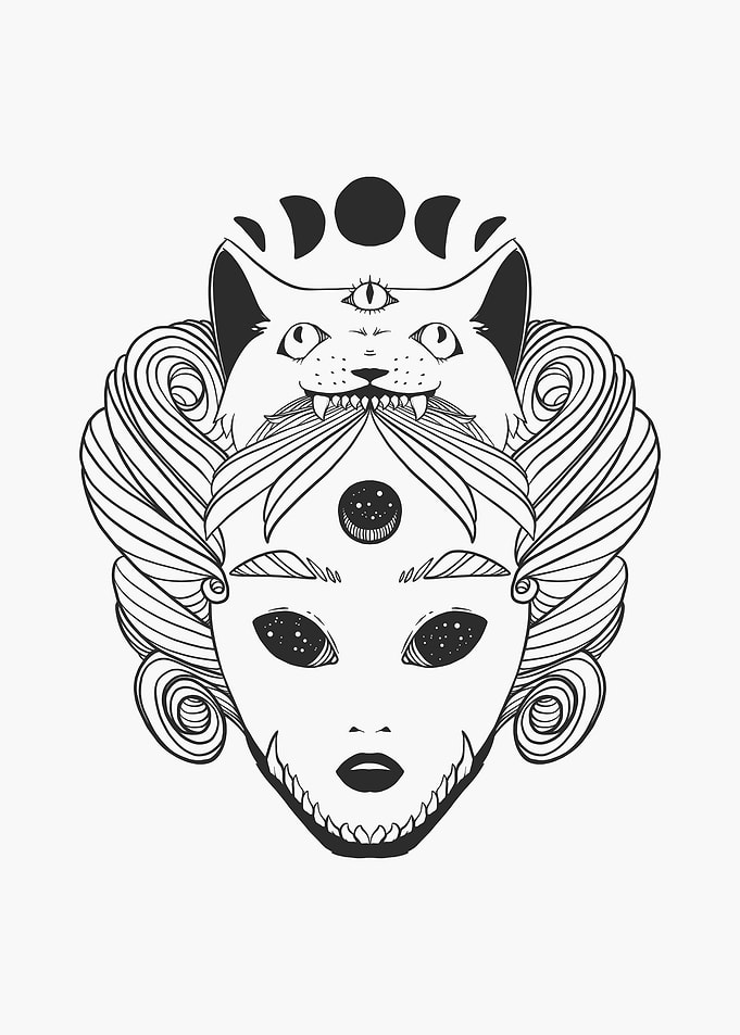 Witch And Cat With Moons