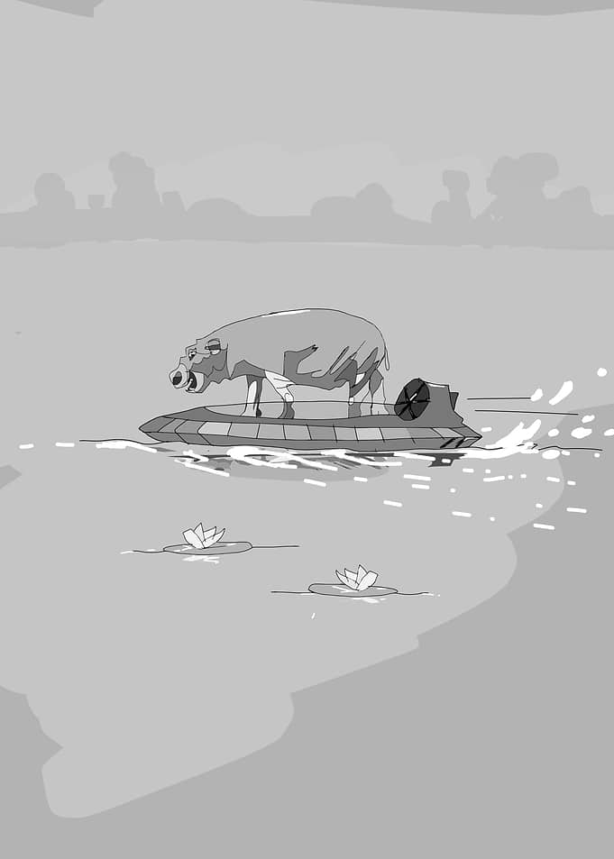 hippo on a hover boat