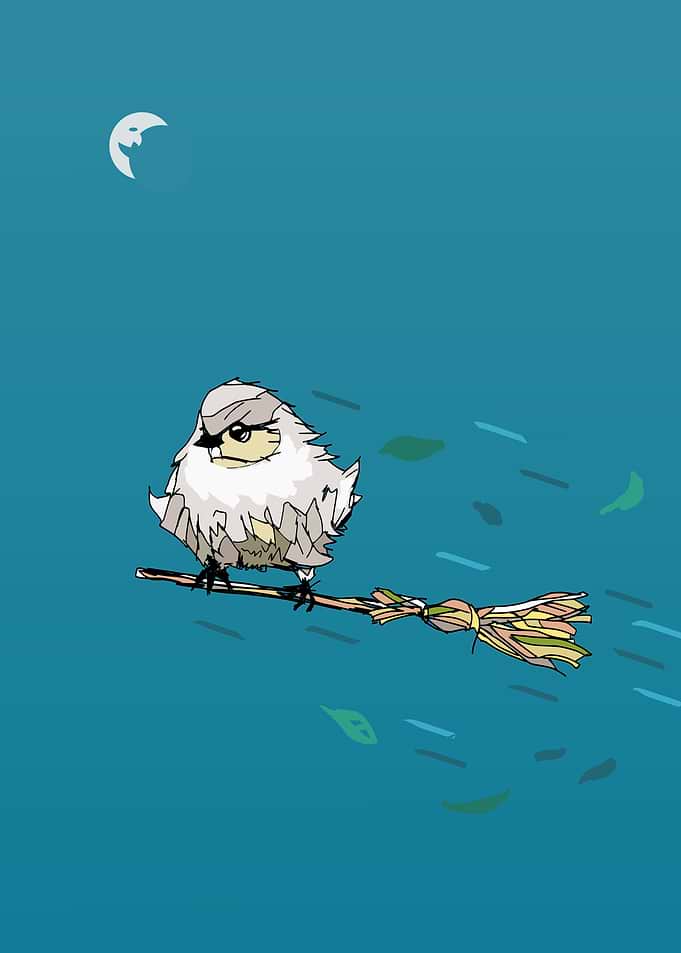 bird flying a broomstick