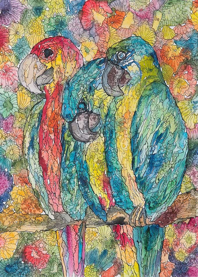 Three Thoughtful Parrots
