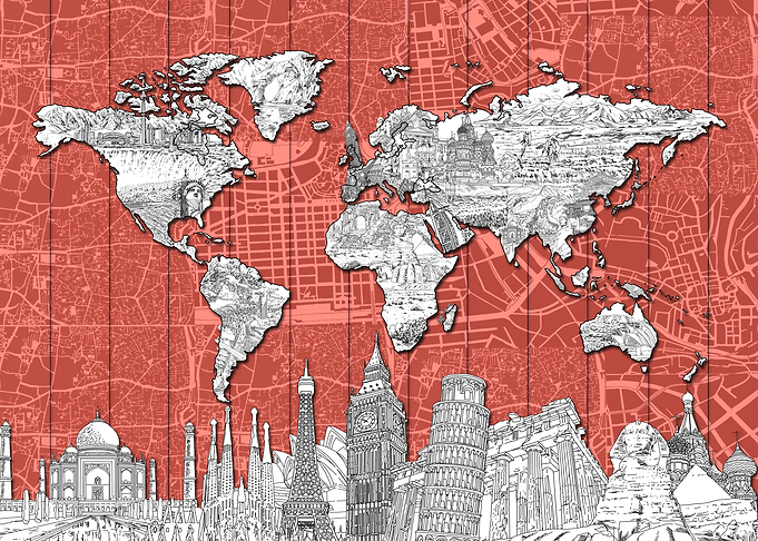 World map skyline red
