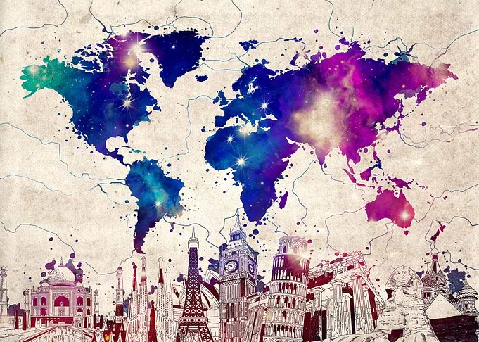 World map skyline vintage