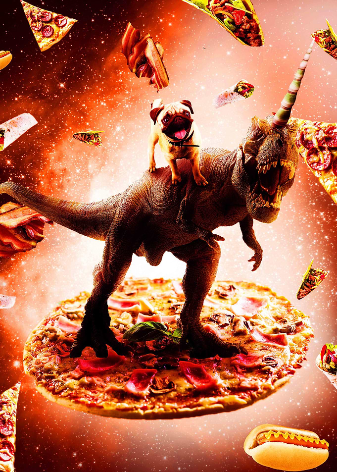 Pug Riding Dinosaur