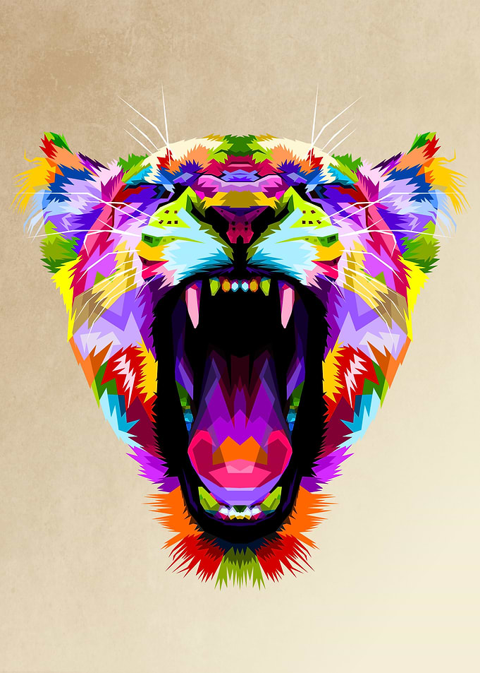 angry colorful liones