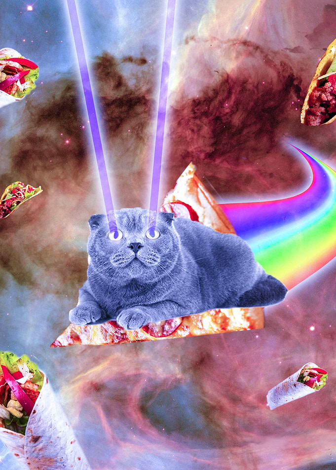 Cat Riding Rainbow Pizza