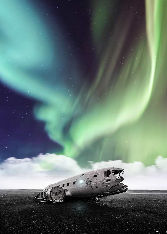 Aurora over crashed plane