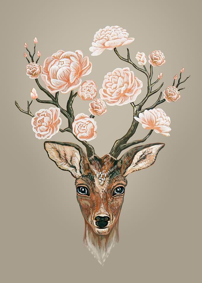 Deer and peonies floral