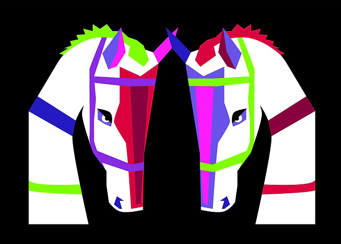 Two horses white and pink