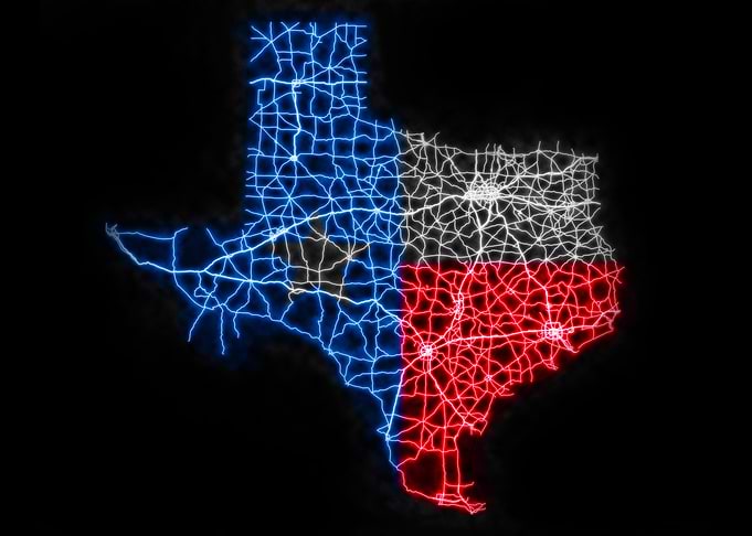 Texas Highway Map in Neon