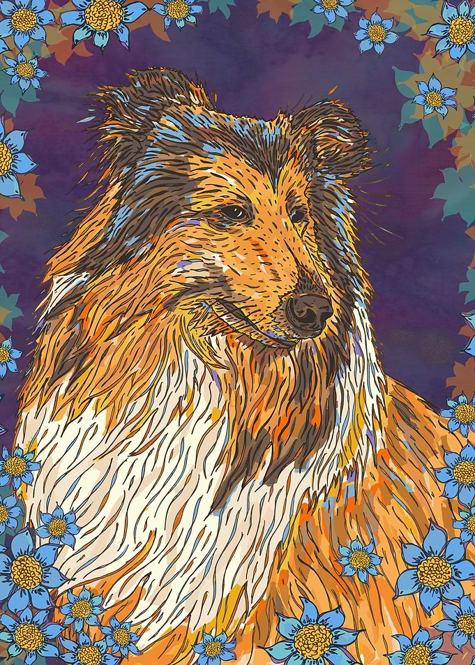 Rough Collie Blue Flowers