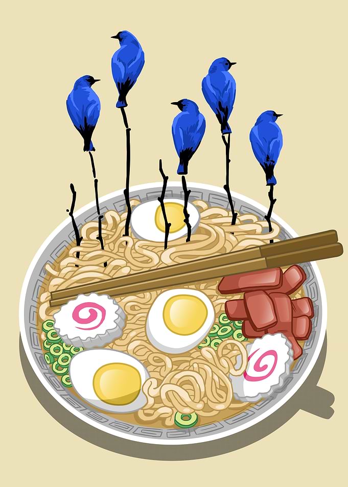 Ramen blue birds tree
