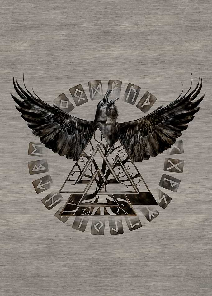 Valknut Symbol and Raven