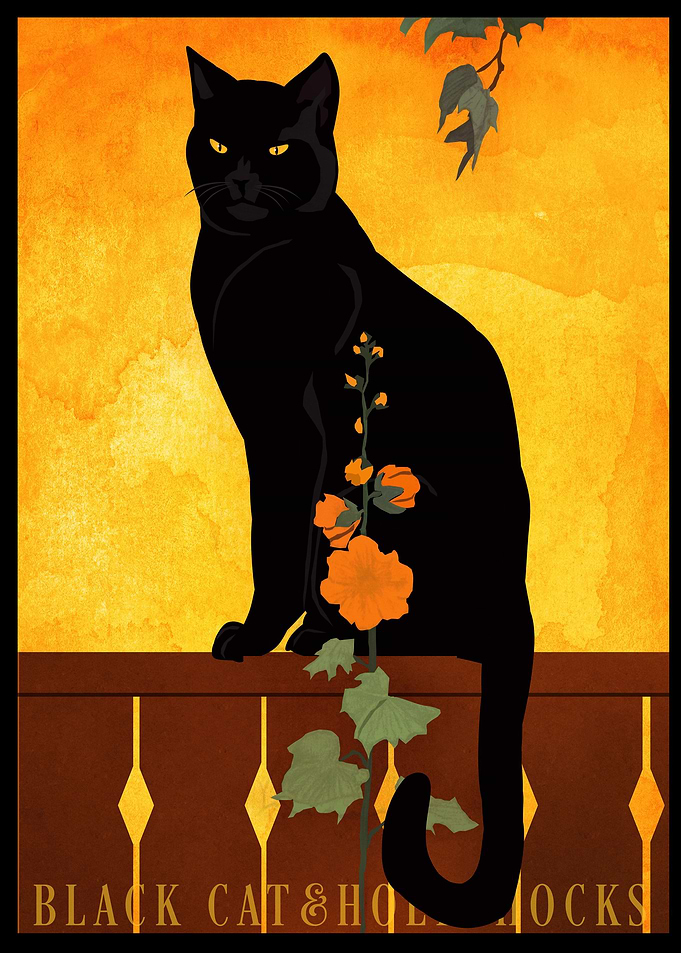 Black Cat With Hollyhocks
