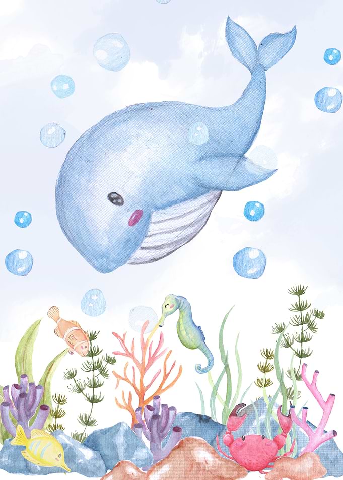 watercolor whales in sea