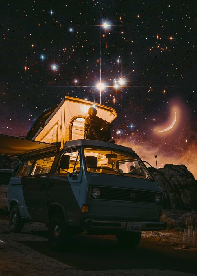 In van under the stars