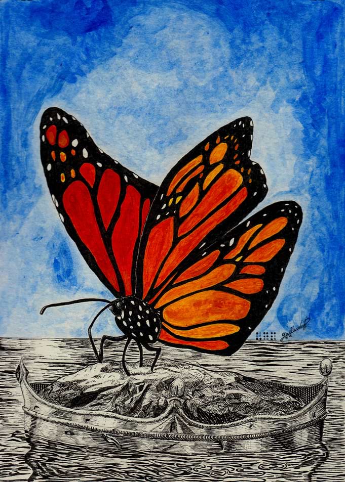 Monarch butterfly on crown