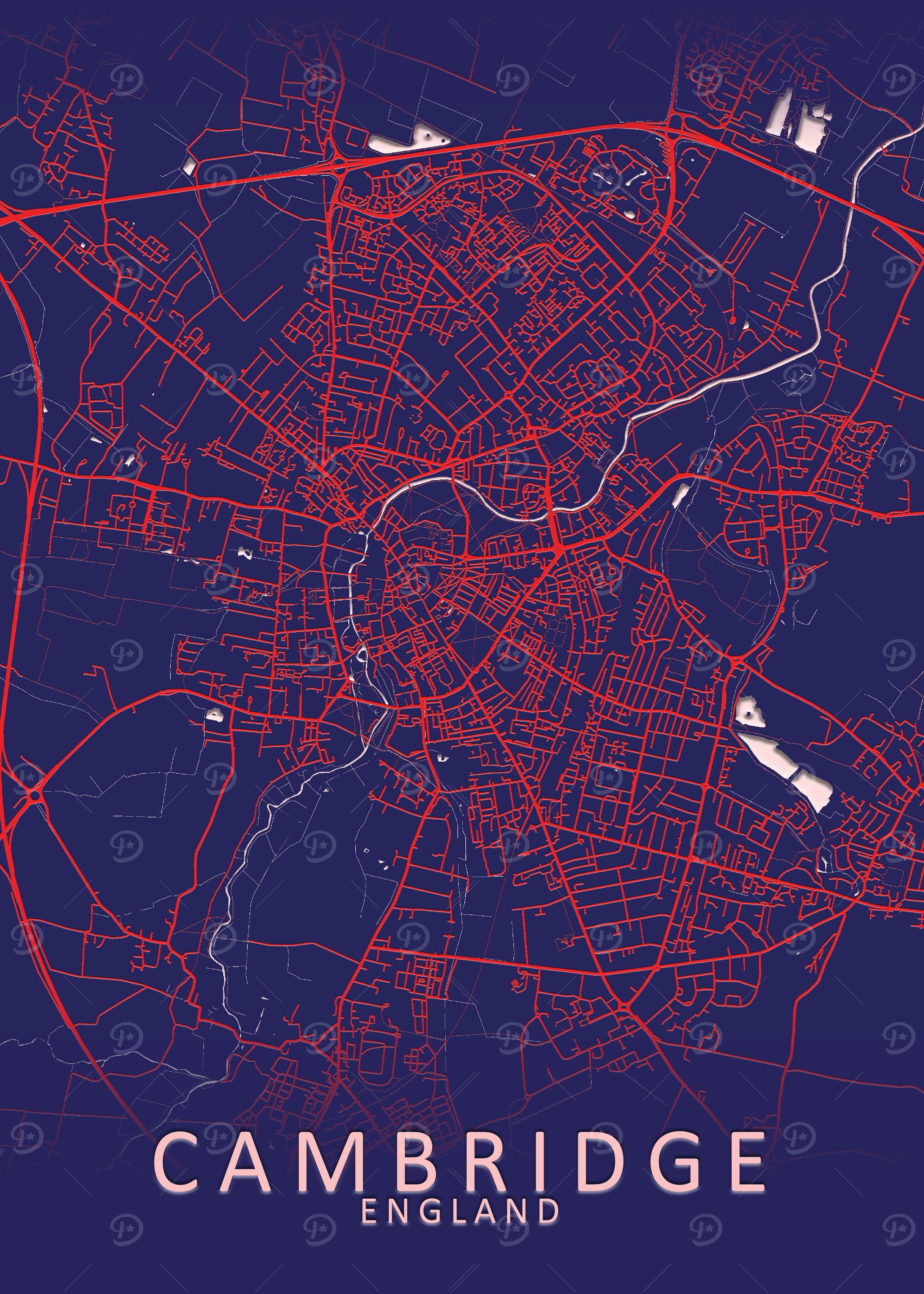 Cambridge Dark Blue Map