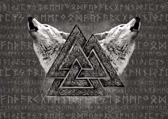 Valknut Symbol and Wolves