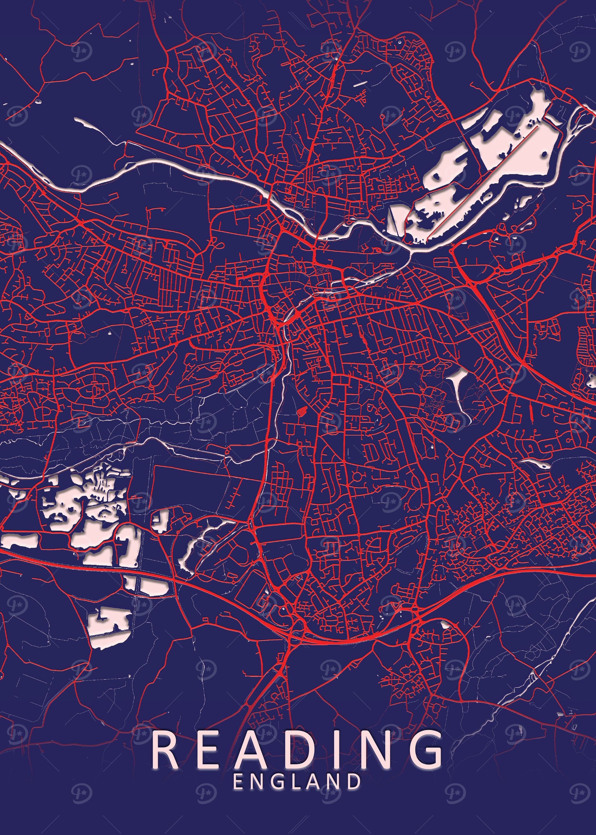 Reading Dark Blue City Map