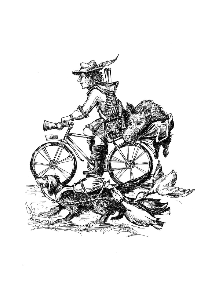 Hunter with dog on bicycle