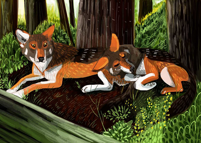 Totem red wolf in forest
