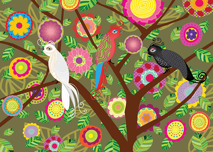 Whimsical flowers and bird