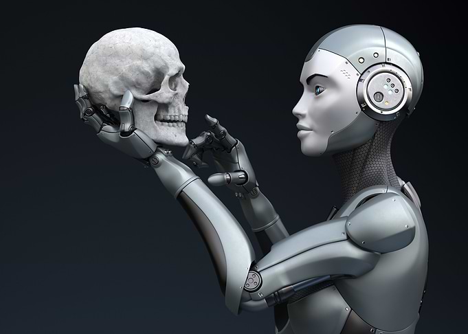 Robot with human skull in