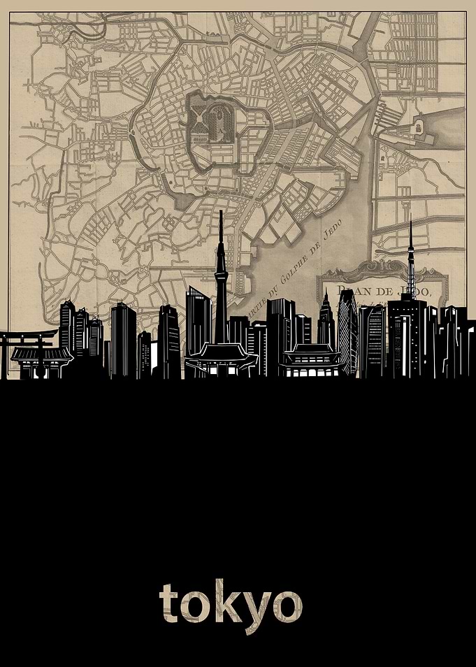 tokyo skyline sepia