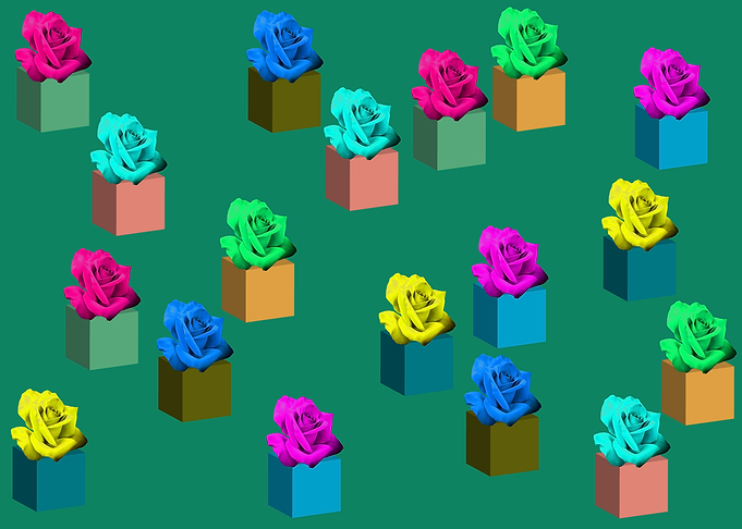 Pots of roses on green