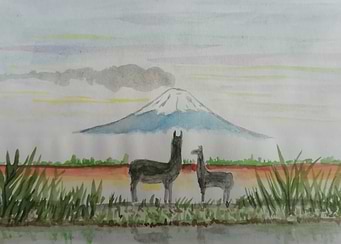 Llamas and volcano