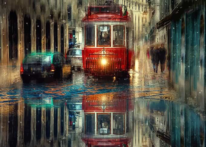 Lisbon Tram rainy day