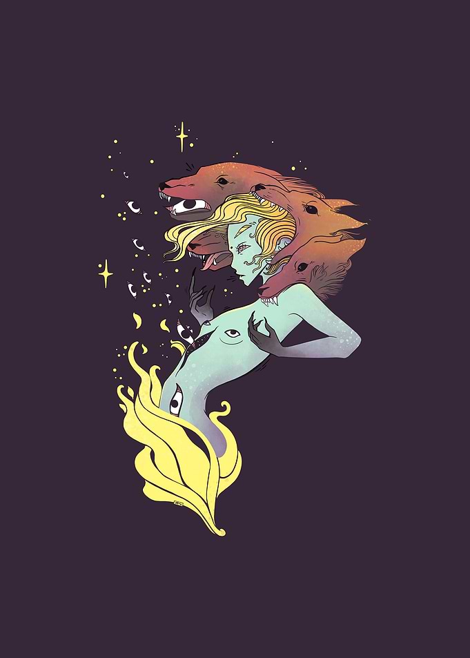 Fire Witch With Wolf Heads