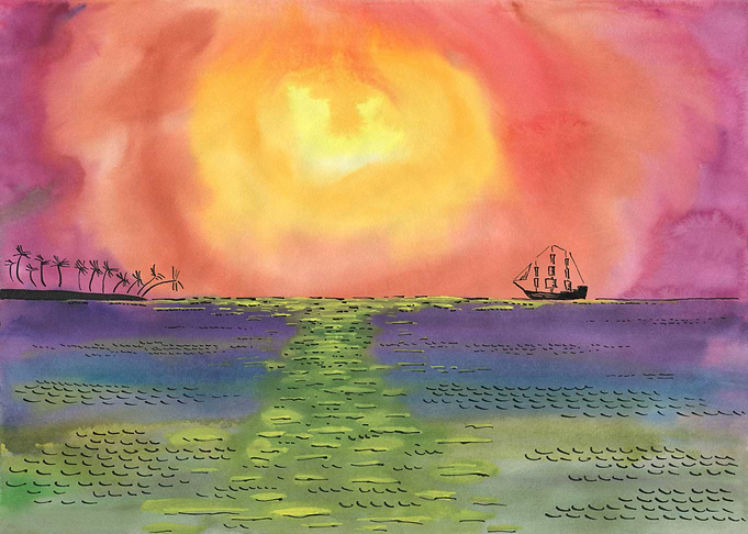 Ship On The Sea At Sunset