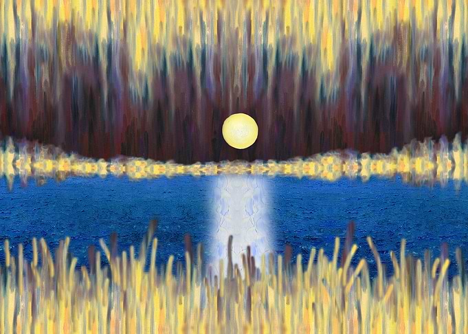 Surreal Lake With Moon