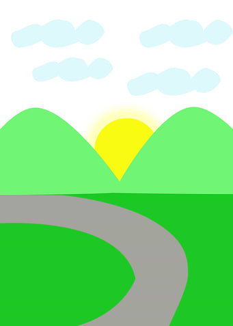 Two mountains with sun