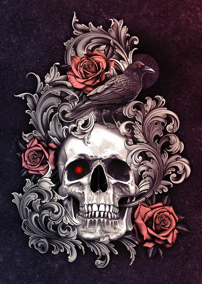 Skull with Crow Filigree