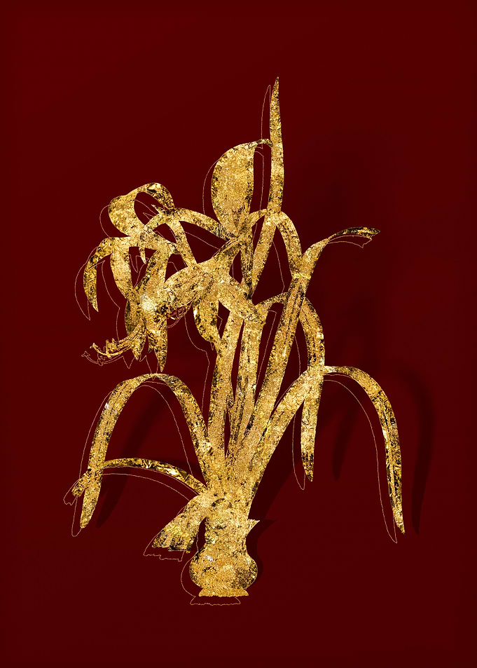 Gold Flora on Red