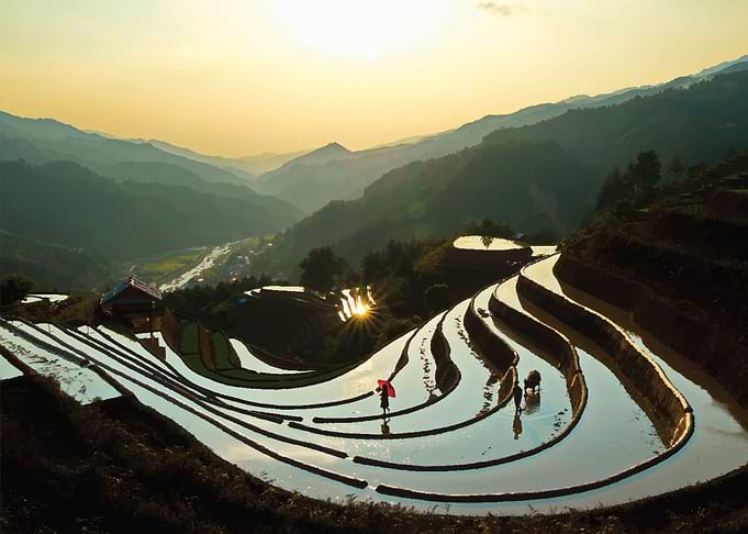 Ethnic couple on terraces