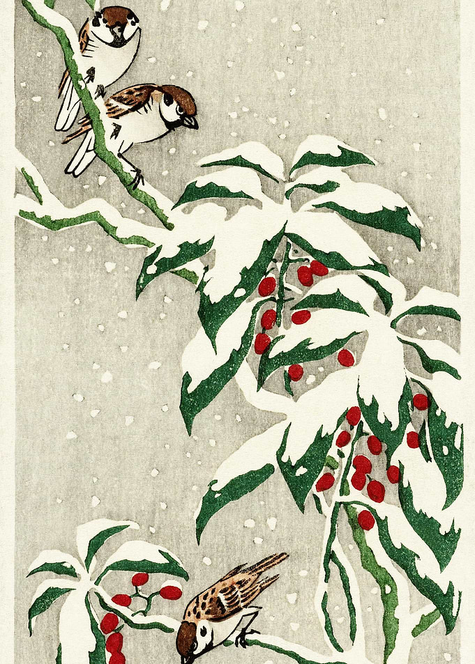 Sparrows On Snowy Berry Bu