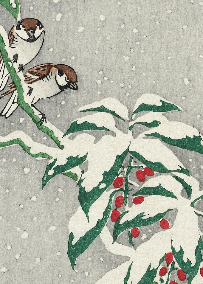 Sparrows On Snowy Berry Bu