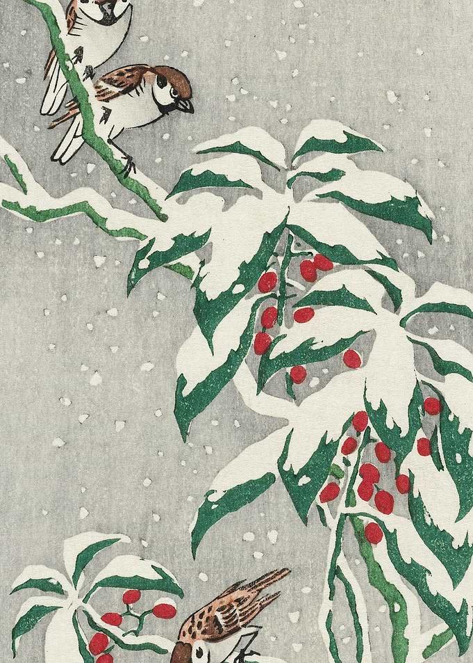 Sparrows On Snowy Berry Bu