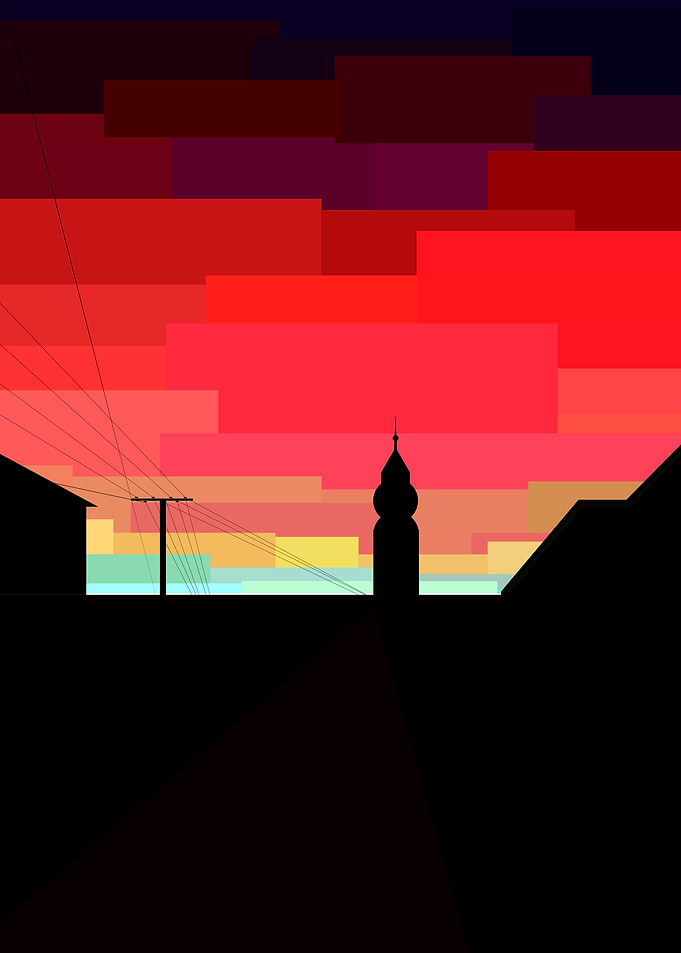 Church front of sunset