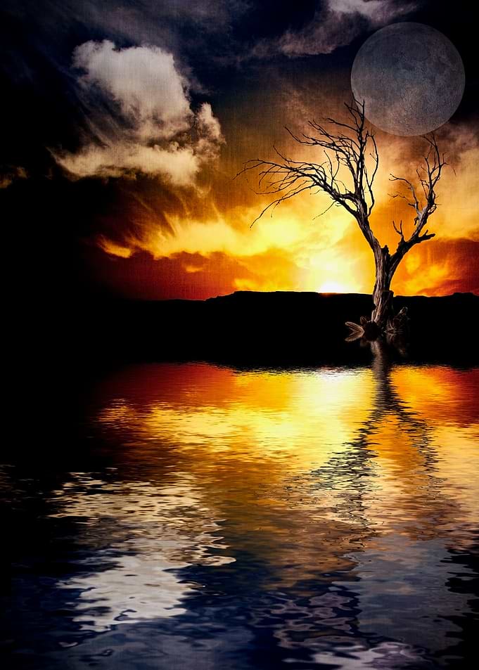 Dramatic sunset over calm