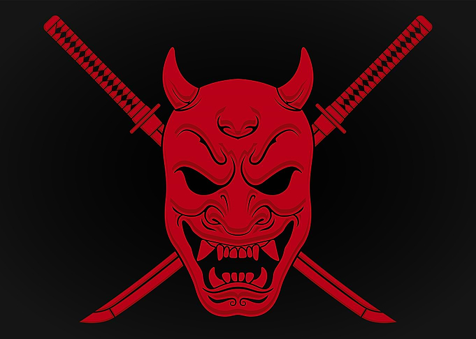 oni demon mask with swords