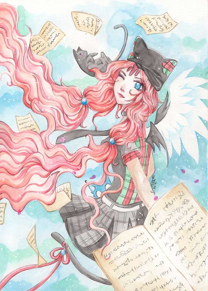 Cat girl with flying books