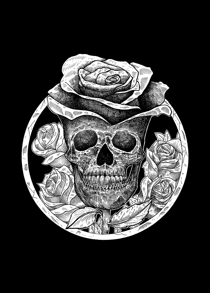 Skull Head Rose BW