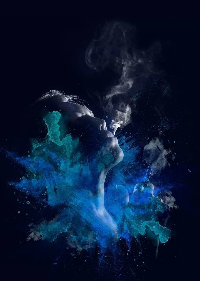 smoking woman in blue tone