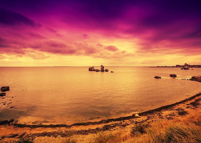 Purple Sunset Over Beach W